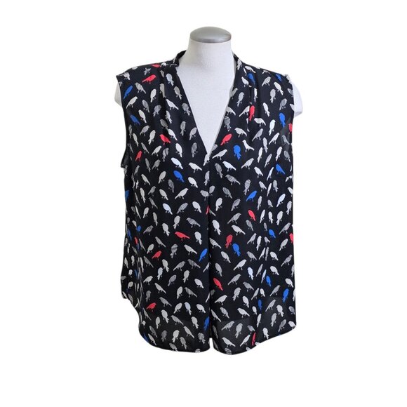 Nine West Womens XL Blouse Black Bird Print Sleeveless Top Layering Semi Sheer - Picture 2 of 9